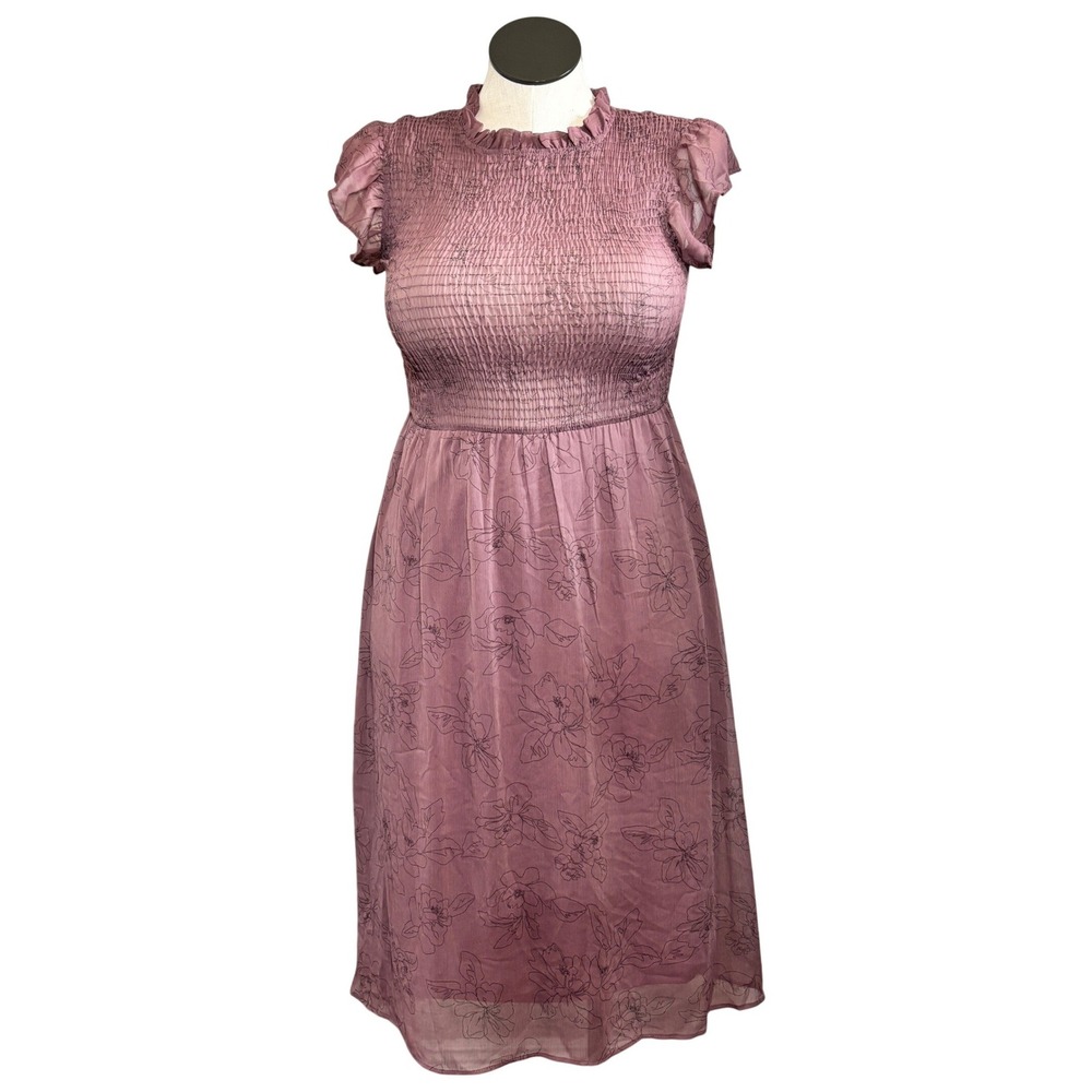 Sweet‎ Rain Dusty Rose Floral Smocked Mock Neck Flutter Sleeve Midi Dress Large